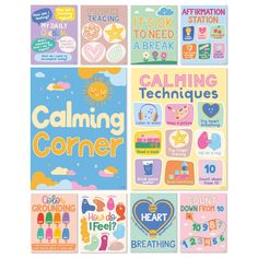 a collage of posters with the words calming and other things to do on them