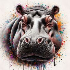 a hippopotamus's head with paint splatters all over it