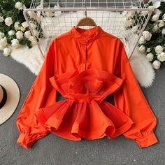 Lasaky - Elegant Long Sleeve Blouse with Gathered Hem and Tie Waist Patch Work Blouse, Short Blouses, Orange Blouse, Lotus Leaf, Puff Long Sleeves, Casual Summer Tops, Professional Dresses, Style Cardigan, Elegant Shirt