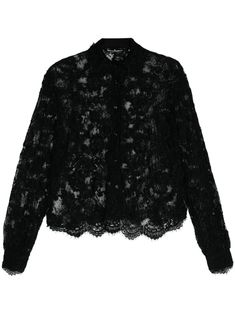 black floral-lace detailing semi-sheer construction scallop frayed edges classic collar long sleeves buttoned cuffs unlined front button fastening Luxury Blouse With Lace Trim, Luxury Long Sleeve Tops With Lace Trim, Lace Button-up Blouse With Lace Cuffs, Elegant Fall Blouse With Scalloped Lace, Elegant Scalloped Lace Blouse For Fall, Black Long Sleeve Lace Top With Lace Collar, Formal Long Sleeve Tops With Scalloped Lace, Formal Long Sleeve Blouse With Scalloped Lace, Formal Long Sleeve Lace Top With Lace Trim