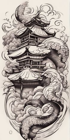 an ink drawing of a pagoda with clouds and waves in the foreground, on white paper