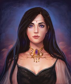 a painting of a woman with long black hair and blue eyes wearing an elaborate necklace