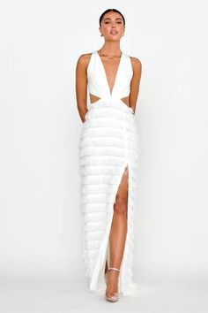 Shop the Bold Move Fringe Trim Maxi Dress Ivory | Selfie Leslie Summer Fringe Prom Dress, White V-neck Maxi Dress For Gala, White Fringe V-neck Dress, White V-neck Dress With Fringe, Fringe Floor-length Dress For Night Out, White Fringe Evening Dress, Floor-length Fringe Dress For Night Out, Chic Fringe Wedding Dresses, Elegant Floor-length Fringe Dresses