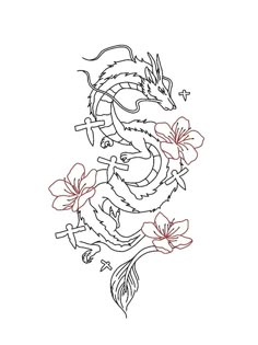 a drawing of a dragon with flowers on it's back and the tail curled up