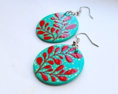 Hand Painted Earrings Wood, Hand Painted Necklace, Terracotta Jewellery, Hand Painted Earrings, Painted Earrings, Hand Painted Jewelry, Painted Jewelry, Summer Earrings, Polymer Jewelry