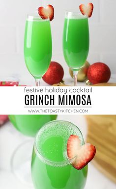 two glasses filled with green drinks and strawberries