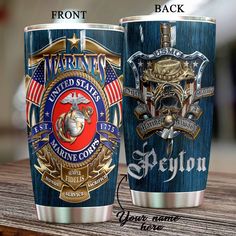 two tumblers with marine emblems on them, one is blue and the other is gold