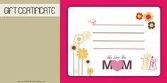 a mother's day gift certificate with flowers and hearts on the front is shown