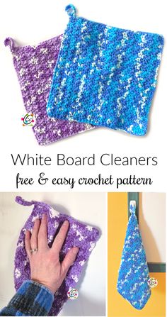 three pictures showing how to crochet the white board cleaners with free and easy crochet pattern