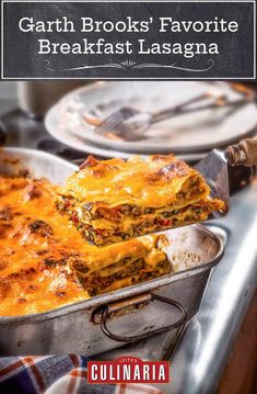 a casserole dish with meat and cheese on it in a metal pan next to other dishes