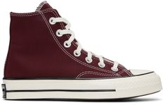 High-top recycled canvas sneakers in burgundy. · Rubber cap toe · Lace-up closure · Logo patch and eyelets at inner side · Ortholite™ padded footbed · Treaded rubber sole · Contrast stitching in white Supplier color: Dark beetroot/Egret Converse Heart Shoes Grey, Cheap Converse Sneakers With Round Toe, Converse 2 Color, Hellfire Converse, Converse 2022 Shoes, Converse Cdg One Star, Converse Hogh Tops, Converse Chuck 70 High Midnight Clover, Converse X Mademe One Star Platform