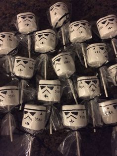 star wars themed cake pops are wrapped in plastic