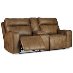 the power reclining loveseat with console and headrests is shown in brown leather