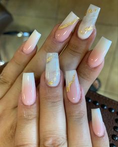 Gel Nails With Gold Flakes, Nails With Gold Flakes, White Nails With Gold, Ombre Gel Nails, Nails With Gold, Sheer Nails, Gold Nail Designs, Halloween Acrylic Nails, Spring Acrylic Nails