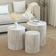 a living room with two stools and a table in the middle on a rug