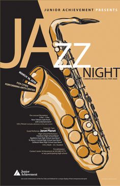 a poster for the jazz night with a saxophone on it's neck and hands