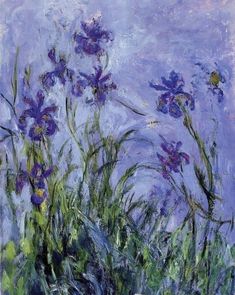 an oil painting of purple flowers on a blue and green background, with the sky in the background