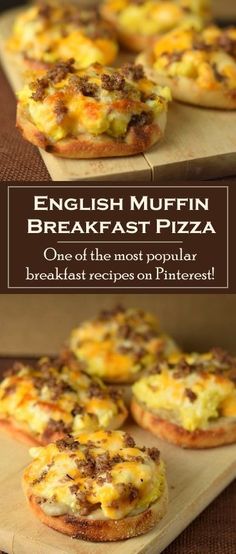 english muffin breakfast pizza on a cutting board with text overlay that says english muffin breakfast pizza