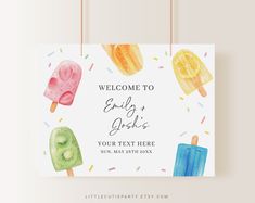 watercolor ice cream and fruit pops welcome sign