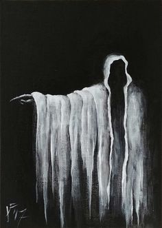 a black and white painting with icicles hanging from it's sides in the dark