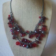 Retro Dark Silver Red Faceted Acrylic 20" Necklace 9216 Dark metal chain links and layered Design Bright red Beads 20 inches long Red Metal Dangle Necklace, Red Double Strand Beaded Chain Jewelry, Red Adjustable Chain Necklace For Party, Red Beaded Chain Necklace Gift, Red Beaded Chain Necklace For Gift, Gift Red Beaded Chain Necklace, Red Multi-strand Beaded Chain Necklaces, Red Multi-strand Beaded Chain Necklace, Red Beaded Chain Costume Necklace