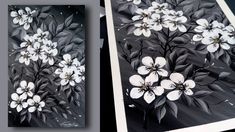 two pictures with white flowers on them and one is being painted in black and white