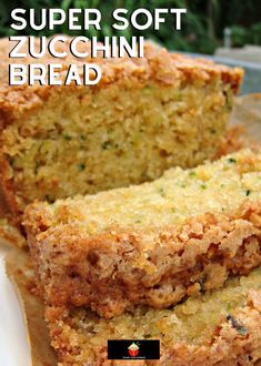 sliced zucchini bread on a plate with the title super soft zucchini bread