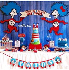 Twin Baby Shower Theme, Twin Birthday Parties, Dr Seuss Baby Shower, Seuss Party, Dr Seuss Birthday, Twins 1st Birthdays