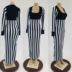 "This item is made to order, please read all the way through the listing before purchasing! Inspired by Tina Carlyle in \"The Mask\". This black and white striped dress has a black bodice and cuffs. Created from four way stretch spandex, it is fitted through the bust, waist and hips, with a long, pencil cut hemline. This dress is unlined, so the white stripes are a bit semi sheer, undergarments should be chosen with care. Womens Sizing (See below for instructions on where measurements should be Tina Carlyle Costume, Chic Fitted Dresses With Striped Hem, Chic Fitted Dress With Contrast Stripes, Fitted Long Sleeve Dresses With Vertical Stripes, Black Dresses With Contrast Stripes, Fitted Dresses With Striped Hem For Spring, Fitted Dress With Contrast Stripes For Spring, Fitted Spring Dresses With Contrast Stripes, Spring Fitted Dresses With Contrast Stripes