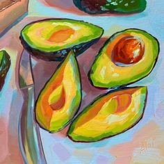 an oil painting of avocados on a table