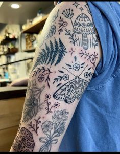 Botanical Half Sleeve, Chris Kirkpatrick, Tattoo Sleeve Filler, Tattoo Filler, Tattoos Mandala, Tattoos Geometric, Tattoos Skull, Botanical Tattoo, Line Art Tattoos