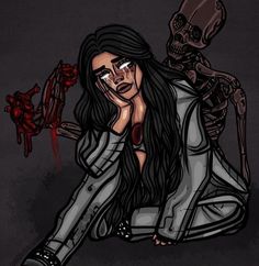 a drawing of a woman sitting on the ground with her hand to her face, and a skeleton behind her