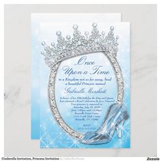 a blue and white wedding card with a tiara on the front, and an image of a high heel shoe in the middle