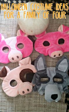 halloween costume ideas for a family of four with pig masks on the side and text overlay that reads, halloween costume ideas for a family of four