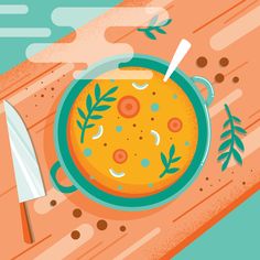 an illustration of a bowl of soup on a table with a knife and fork next to it