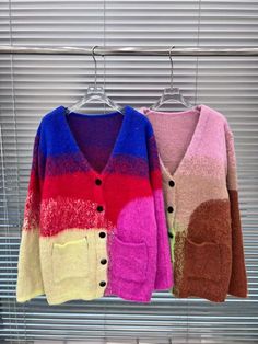 Fabric: Knit Multicolor V-neck Color Block Cardigan, Winter Color Block Knit Cardigan, Trendy Winter Color Block Cardigan, Color Block Cardigan For Winter, Winter V-neck Color Block Cardigan, Pink Knit Color Block Cardigan, Pink Color Block Knit Cardigan, Multicolor Color Block Cardigan, Oversized Winter Color Block Cardigan