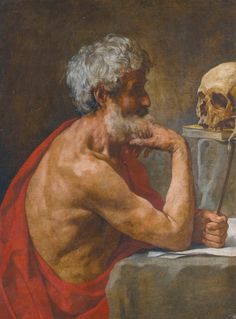 a painting of a man sitting at a table next to a skull