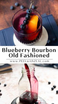 blueberry bourbon old fashioned cocktail in a jar with berries on the side and text overlay that reads, blueberry bourbon old fashioned cocktail