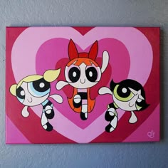 a painting of three cartoon characters on a pink heart