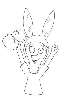 a woman in bunny ears holding two stuffed animals on her shoulders, with one hand up and