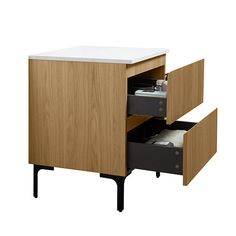 an office desk with two drawers on one side and a white counter top on the other