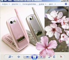 two cell phones sitting next to each other on top of a computer screen with pink flowers