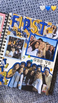 an open notebook with pictures of people on it and the words first day written in blue