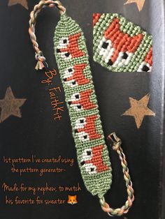 a green and orange beaded bookmark with a string attached to it that says, let's pattern i created using the pattern generator made for my recipe to match his favorite for sweeter