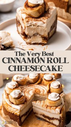 the very best cinnamon roll cheesecake is cut in half and served on a plate