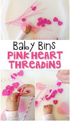 pink heart threading is being used to make valentine's day crafts for kids