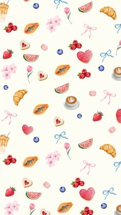 a white background with many different types of food on it's sides and some pink flowers