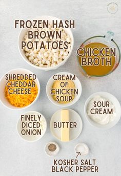 the ingredients for frozen hash browns are shown in bowls