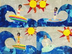 four pictures of children on surfboards with sun and waves in the background, one boy is surfing