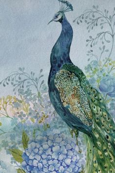 a watercolor painting of a peacock with blue flowers